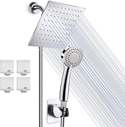 Taiker Shower Head, High Pressure 8'' Rainfall Stainless Steel Shower Head/Handheld Combo with 60'' Hose Anti-leak Shower Head with Holder, Flow Regulator, Chrome, 4 Shower Hooks