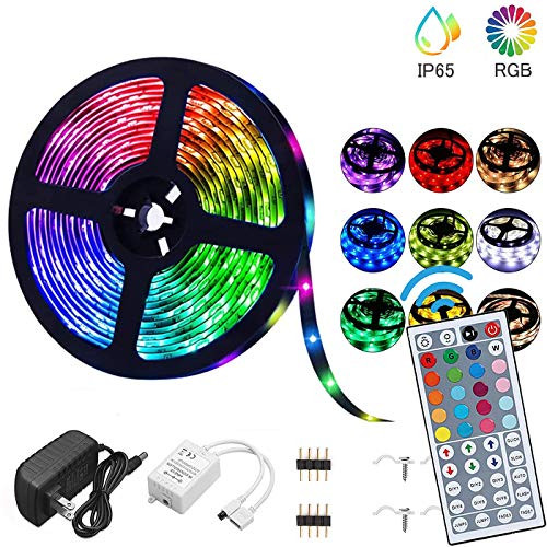 Led Strip Lights Waterproof 16.4FT / 5M Flexible Color Changing RGB 5050 led Strip Light Kit with 44 Keys IR Remote Controller and 12V Power Supply for Bedroom Home Kitchen DIY Decoration (16.4)