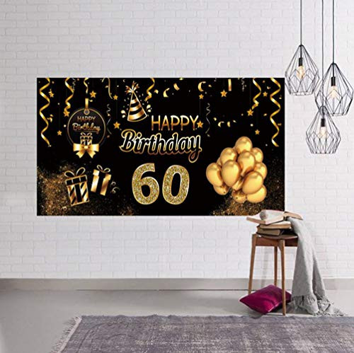 Black Gold 60th Birthday Photo Backdrop, 60th Birthday Banner, 60th Birthday Party Photography Background, Sixty Birthday Party Decorations, 60th Birthday Background Photo Studio Props (6.6 x 3.3 ft)