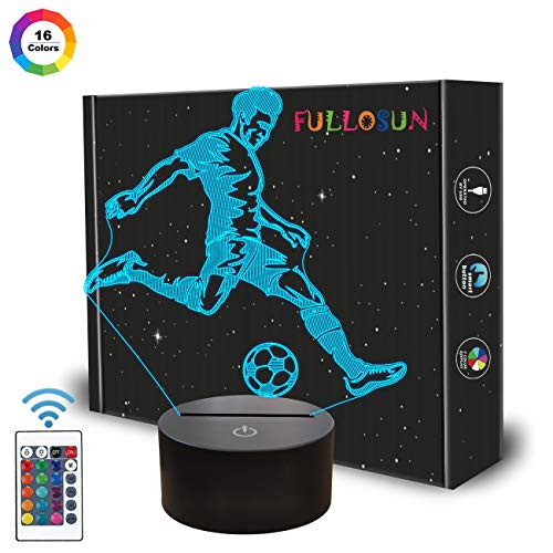 FULLOSUN Soccer Night Light, 3D Optical Illusion Lamp for Soccer Fan, Idea Birthday Xmas Gifts for Sport Fan Boys Girls with Remote Control 16 Color Change + Dim Function + 4 Flash Mode FULLOSUN Soccer Night Light, 3D Optical Illusion Lamp for Soccer Fan, Idea Birthday Xmas Gifts for Sport Fan Boys Girls with Remote Control 16 Color Change + Dim Function + 4 Flash Mode