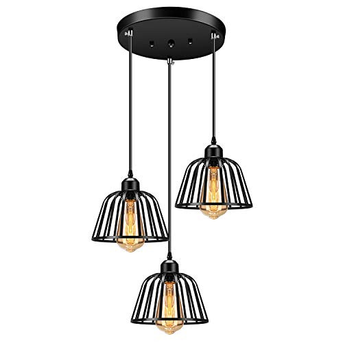 Industrial Pendant 3-Lights Pendant Lighting, FadimiKoo Farmhouse Rustic Style Hanging Light with Matte Black Cage, Vintage Kitchen Island Pendant Light Fixture for Dining Room Bedroom Hallway Bar