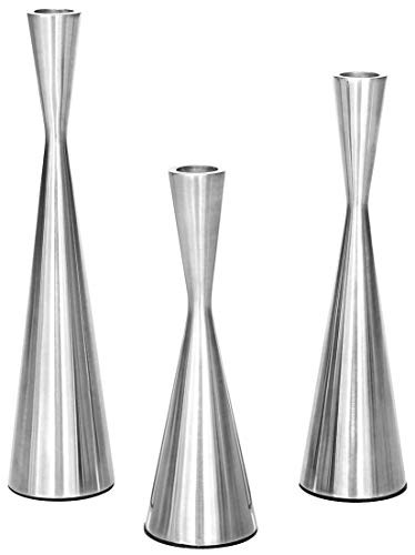 Vixdonos Set of 3 Metal Taper Candlestick Holders Silver Brushed Candle Holders Table Decorative Candle Stand for Wedding, Dinning, Party,Home Decor(Elegant Silver)