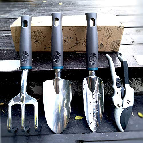 AoMck Garden Tool Sets 4 Pieces Aluminum Heavy Duty Gardening Kits with Garden Hand Shovel Transplant Trowel Cultivator Hand Rake and SK-5 Pruners, Gardening Gifts