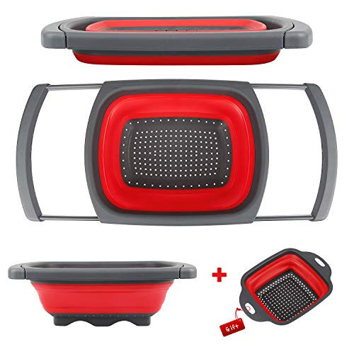 Colander Collapsible, Kitchen Strainers with Extendable Handles, 1pc 6-quart and 1pc 2-quart Capacity Over the Sink Colander, Folding Strainer for Draining Fruit & Pasta (Red)