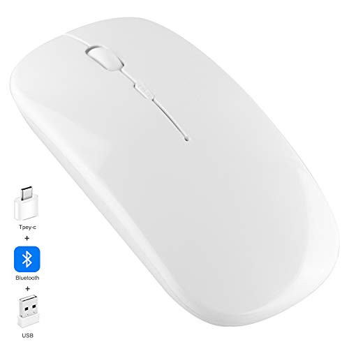 Rechargeable 2.4GHz Wireless Bluetooth Mouse,Three Mode Slim Noiseless Optical Wireless Mouse with Bluetooth, USB or Type-C Connection with PC, Laptop, Computer (White)