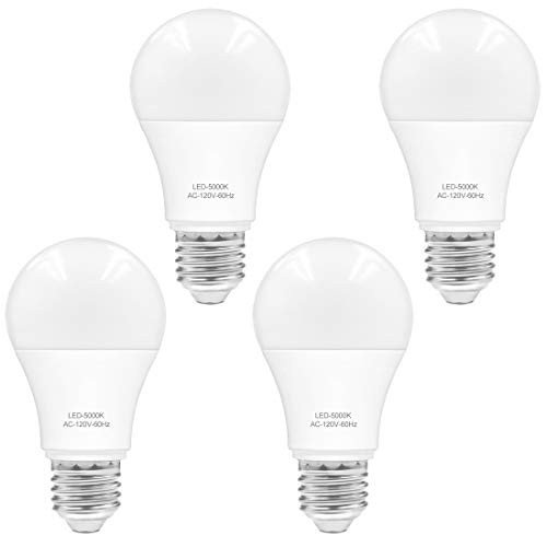 A19 LED Bulbs Daylight, 60W Incandescent Light Bulb Equivalent, 9W 5000K E26 Edison Screw Base 800 Lumens 120V Efficient Bright White, Pack of 4