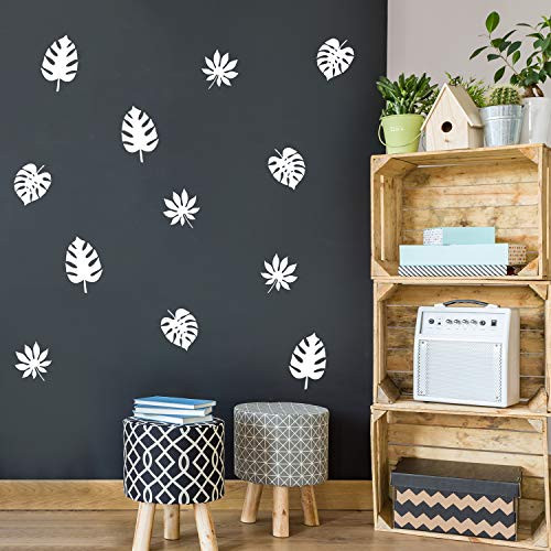 Set of 12 Vinyl Wall Art Decal - Leaves Pattern - from 5.4" x 5" Each - Minimal Adhesive Sticker Nature Green Design for Home Office Bedroom Living Room Classroom Apartment Store Decor (White)