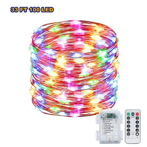 Fairy Lights 33FT 100 LED Battery Operated Christmas Lights with Remote Control & Timer Waterproof 8 Mode Copper Wire String Lights for Party Wedding Patio Indoor Outdoor Decoration (Multi Color)