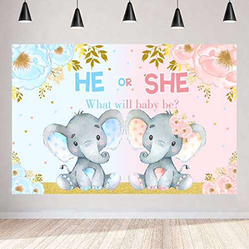 Aperture 5x3ft Elephant Gender Reveal Backdrop Blue or Pink Boy or Girl Baby Shower Flowers Photography Background He or She Gender Surprise Party Decorations Photo Booth Banner Supplies Studio Props