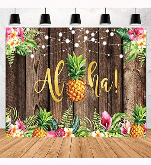 Aperturee 7x5ft Summer Aloha Luau Backdrop Rustic Wooden Tropical Hawaiian Beach Photography Background Birthday Banner Pineapple Floral Flowers Palm Party Photo Booth Studio Shoot Decor Cake Table