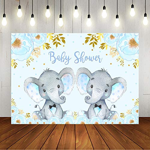 Twin Elephant Boys Baby Shower Photography Backdrop Little Princes Blue Floral Baby Shower Background It's A Boy Newborn Baby Party Decorations Banner Photo Booth Props 7x5ft