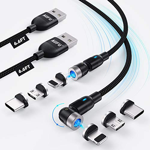 Magnetic Charging Cable, AUFU Magnetic Phone Charger USB Magnetic Cable 3A Fast Charging Data Sync Nylon Braided USB Cord Cable Compatible with Micro USB Type C iProduct (Black/6.6FT/6.6FT/)