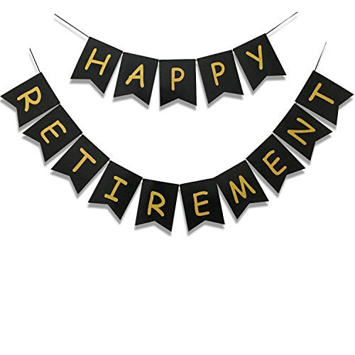 Uniwish Happy Retirement Banner Party Decorations Garland Black and Gold Hanging Sign for Men Women Retired Photo Backdrop