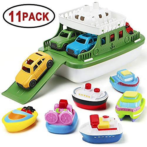 Nasidear Bath Boat Toy,11 Piece Bath Boat Toy with 4 Mini Cars and 6 Boat Squirters,Floating Boat Toys for Bathtub Bathroom Pool Beach for Toddlers Boys Girls Kids