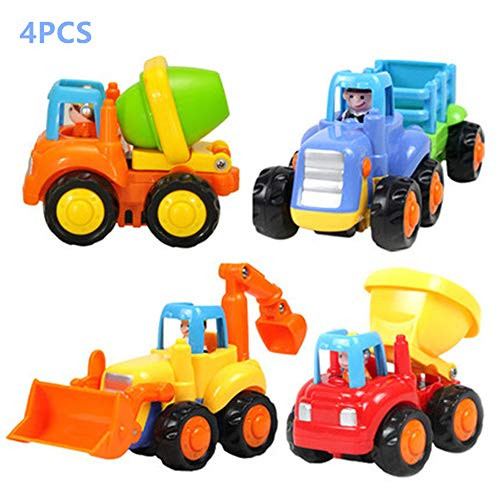 XIGUI Baby Friction Powered Cars Toy,4 Pack Push and Go Tractor & Truck Toys for 1 2 3 Years Old Boy & Girl,Construction Vehicles Toys for Toddler,Tractor, Bulldozer, Cement Mixer Truck and Dumper