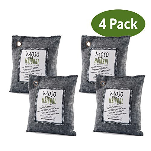 Moso Natural Air Purifying Bag. Odor Eliminator for Cars, Closets, Bathrooms and Pet Areas. Charcoal Color, 200-G, 4 Pack