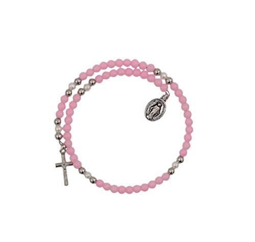 Made In Italy 4mm Bead Wrap Rosary Bracelet with Miraculous Medal and Crucifix Pink