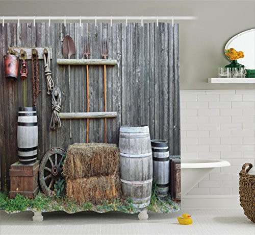 Agriculture Shower Curtain by Ambesonne, Western Wooden Barn Countryside Bucolic Rural House Folk Vintage Scenery, Fabric Bathroom Decor Set with Hooks, 75 Inches Long, Grey Light Brown