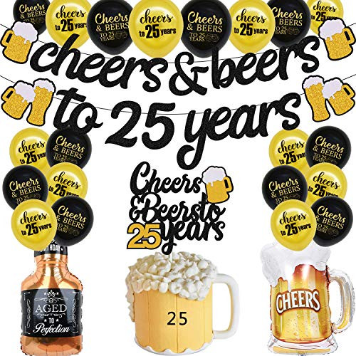 25s Birthday Decorations Cheers & Beers to 25 Years Banner Twenty Five Cake Topper 35" Beer Mug Foil Balloon 12" Black Gold Latex Ballon for Men Women 25th Birthday Backdrop Wedding Anniversary Party