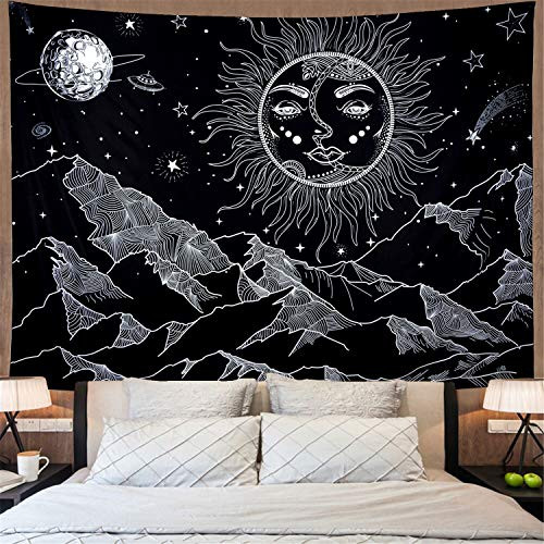 Burning Sun and Moon Tapestry Black Mountain Starry Sky Tapestry Psychedelic Galaxy Stars Tapestry Hippie Planet Tapestry Wall Hanging for Room H59×W78
