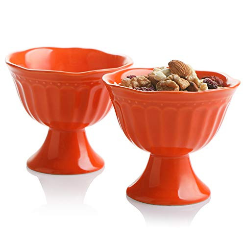 SWEEJAR Ceramic Ice Cream Bowls, Tulip Sundae Cups, 10 Ounce Dessert Bowls for Sundaes, Milkshakes, Parfaits, Set of 2,(Orange)