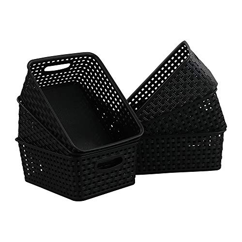 Asking Black Plastic Weave Storage Baskets, Desktop Basket Organizer, Set of 6