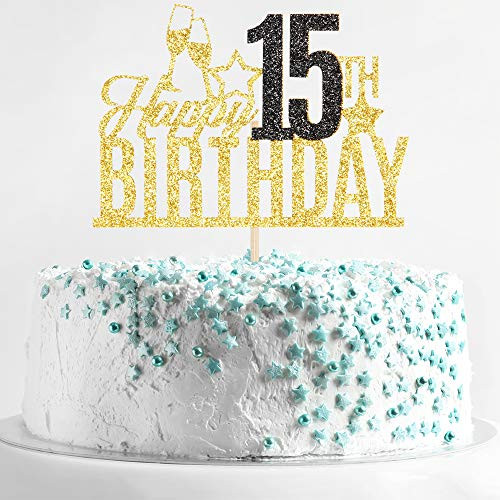 Happy 15th Birthday Cake Topper - Fifteen-year-old Cake Topper, Teen's 15th Birthday Cake Decoration, 15th Birthday Party Decoration (Gold and Black)