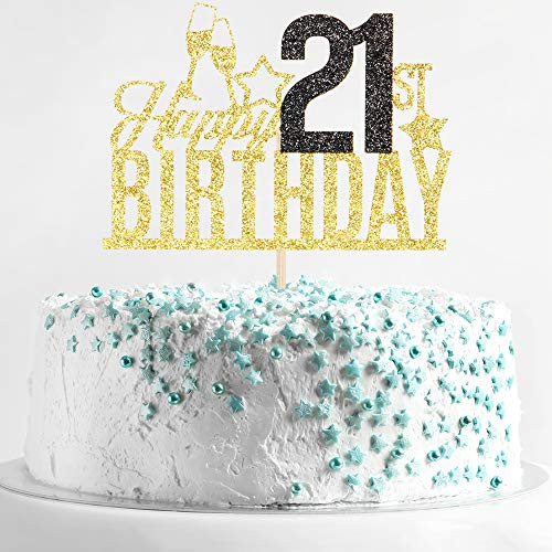 Happy 21st Birthday Cake Topper - Twenty one-year-old Cake Topper, 21st Birthday Cake Decoration, 21st Birthday Party Decoration (Gold and Black)