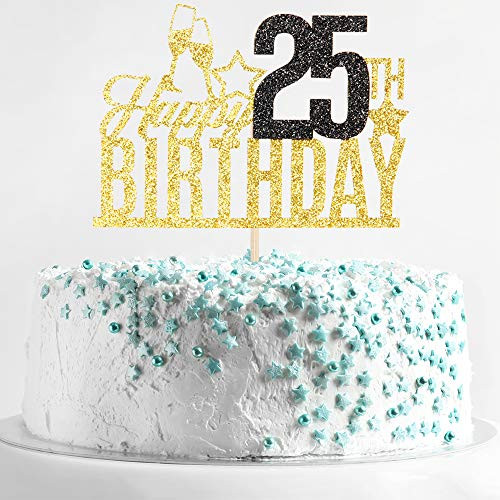 Happy 25th Birthday Cake Topper - Twenty five-year-old Cake Topper, 25th Birthday Cake Decoration, 25th Birthday Party Decoration (Gold and Black)