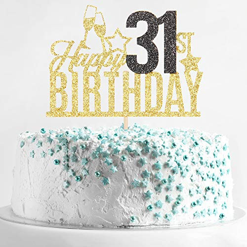 Happy 31st Birthday Cake Topper - Thirty one-year-old Cake Topper, 31st Birthday Cake Decoration, 31st Birthday Party Decoration (Gold and Black)