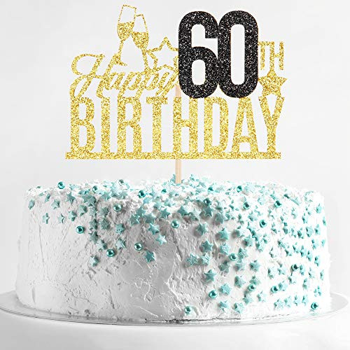 Happy 60th Birthday Cake Topper - Sixty-year-old Cake Topper, 60th Birthday Cake Decoration, 60th Birthday Party Decoration (Gold and Black)