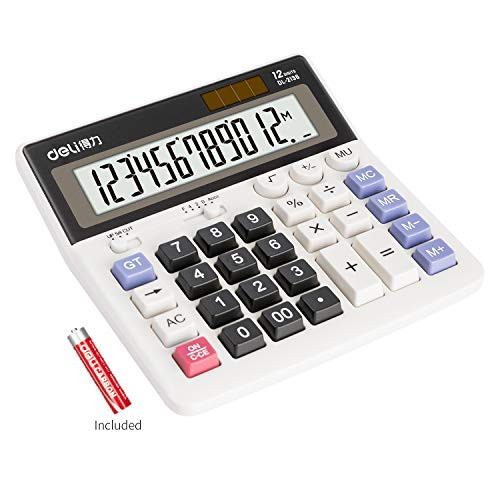 Calculator, Deli Standard Function Desktop Basic Calculators with 12 Digit Large LCD Display Big Senstive Button, Solar Battery Dual Power Office Calculator, White