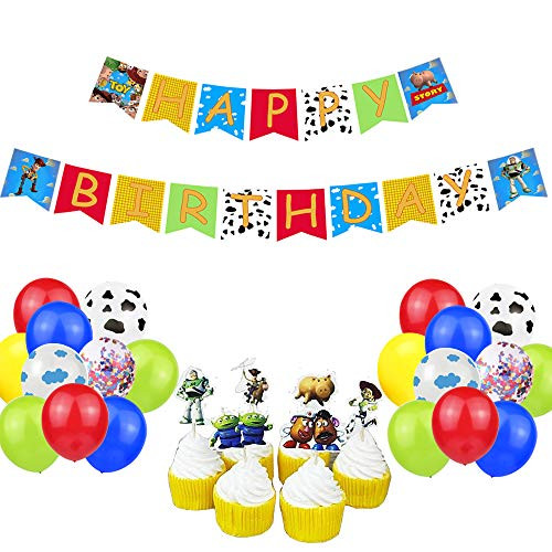Toy Story Happy Birthday Party Kit,Toy Story Happy Birthday Banner Cow Cloud Pattern Print Balloons for Toy Story Theme Party Decorations