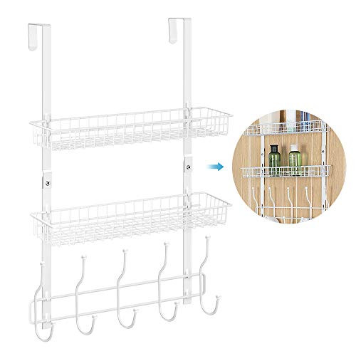 Coat Rack, Over The Door Organizer Wall Mounted Coat Hook Metal Storage Rack with 2 Baskets & 5 Hooks for Office, Cloakroom, Bathroom, Bedroom or Living Room - White