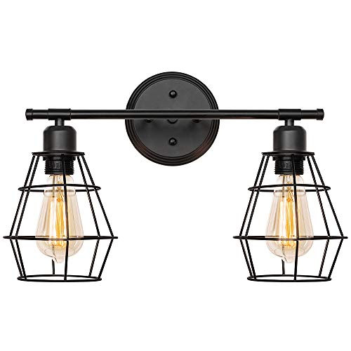 Bathroom Vanity Light, Industrial Metal Cage Wall Sconce, Vintage Edison Wall Light Fixture for for Mirror Cabinets, Vanity Table, Bathroom (2-Light Vanity Light)