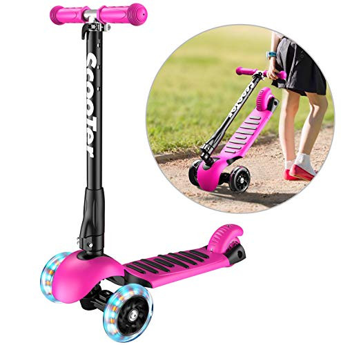 Banne Scooter Height Adjustable Lean to Steer Flashing PU Wheels 3 Wheel Kick Scooters for Kids Boys Girls (Pink)