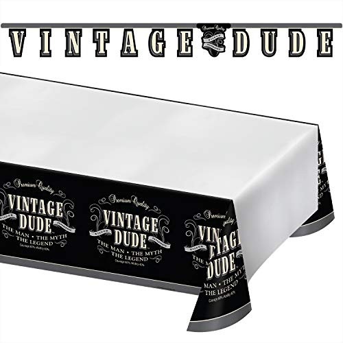 Old Man Vintage Dude Party Supplies - Party Supplies for Old Man Vintage Dude Theme Party (Black Plastic Table Cover and Letter Banner Garland Set)