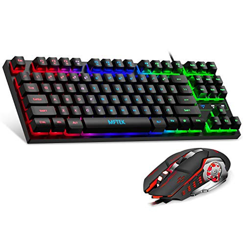 MFTEK RGB Rainbow Gaming Keyboard and Mouse Combo, Compact 87 Keys Backlit Computer Keyboard with Gaming Mouse, USB Wired Set for PC Gamer Laptop Work