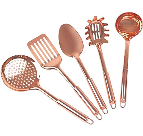 Steelware Central Copper Kitchen Utensils Stainless Steel Set of 5-Ladle, Serving Spoon, Pasta Server Fork, Slotted turner, Skimmer Steelware Central Copper Kitchen Utensils Stainless Steel Set of 5-Ladle, Serving Spoon, Pasta Server Fork, Slotted turner, Skimmer