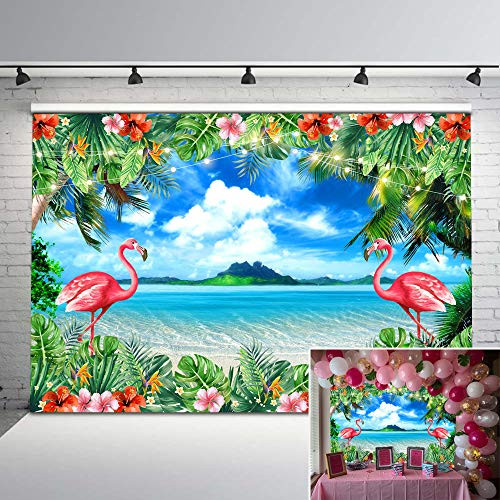 Mocsicka Flamingo Beach Backdrop Tropical Hawaii Palm Tree Seaside Blue Sky Background for Pictures 7x5ft Vinyl Summer Sea Luau Theme Party Backdrops