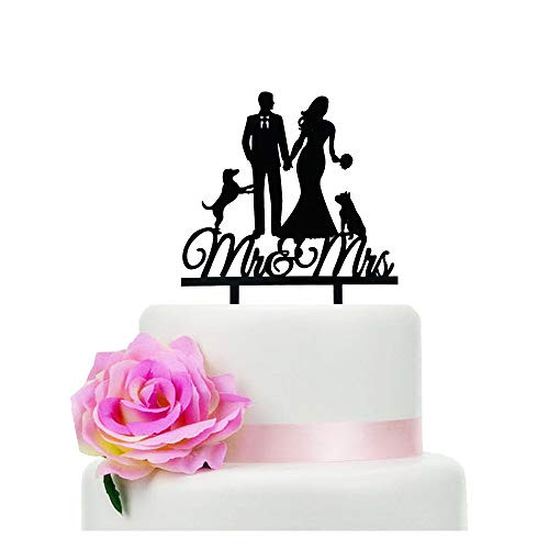 Mr & Mrs Wedding Cake Topper, Farmer Southern Style Wedding Cake Topper, Rustic Wedding Cake Topper, Black Silhouette Cake Topper?Dog)