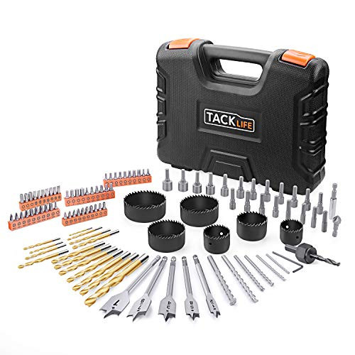 Drill Bit Set, TACKLIFE106pcs Drilling and Driving Accessories, Screw Drill bits, Titanium Coated HSS Bits for Drilling Metal, Wood, Masonry and Plastic (Metric)
