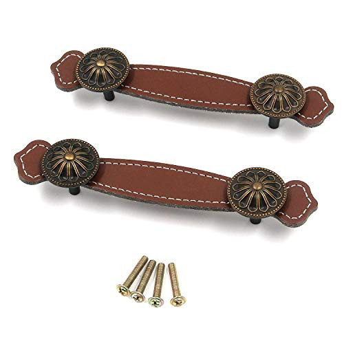 Tulead Brown Leather Handles Cabinet Handle Pulls Amp Strap Pull Wardrobe Pulls Dresser Handle Replacement 6.3-Inch Furniture Knobs Handles 2pcs with Screws