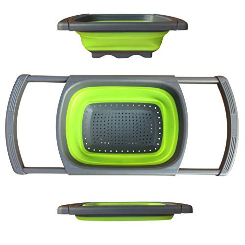 Colander Collapsible, HonkTai Colander Strainer Over the Sink Food Colanders Strainers with Extendable Handles, 6-Quart, Kitchen Foldable Strainer for Pasta, Veggies, Food and Fruits Green