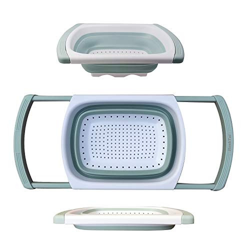 Colander Collapsible, HonkTai Colander Strainer Over the Sink Food Colanders Strainers with Extendable Handles, 6-Quart, Kitchen Foldable Strainer for Pasta, Veggies, Food and Fruits Light green