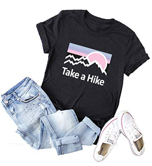 Women Take a Hike T-Shirt Summer Short Sleeve Crew Neck Graphic Tees Tops Letter Printed Loose Casual Shirts Black