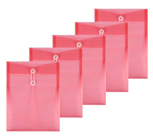 LaOficina Poly Clear Envelopes with Button String Snap Closure 1 Inch Gusset Top Opening Letter Size 5 Per Pack Red
