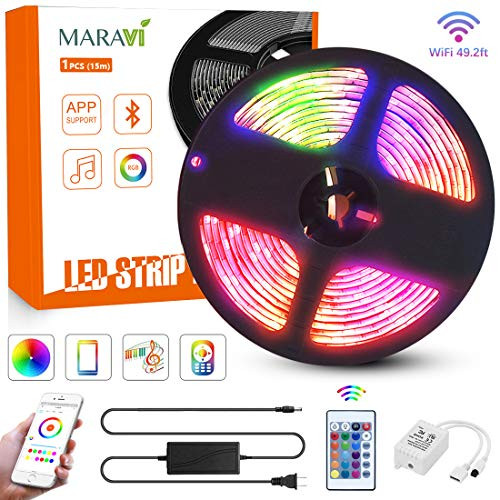 LED Strip Lights, Maravi 49ft/15M RGB WiFi LED Light Strip 5050SMD Color Changing LED Strip Lights with Remote, Sync to Music RGB Rope Light with Alexa & APP for Home DIY