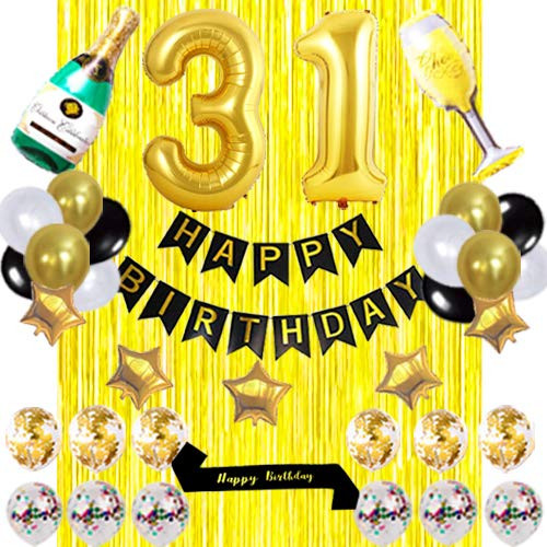 Black sash 31 birthday Party Decorations KIT -HAPPY BIRTHDAY Banner Foil Number Balloons 31 Confetti Balloons Gold Foil Fringe Curtains Perfect for 31 Years Old 31st Anniversary Decorations yujiaonly