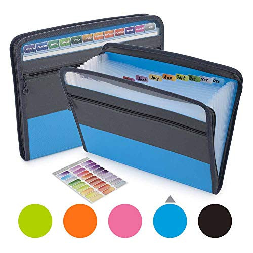 Sooez Expanding File Folder with Sticky Labels, 13 Pocket Accordion File Folder Document Organizer Expanding Zip File Folder with Zipper Closure, Letter A4 Paper Document Accordion Folder, Blue